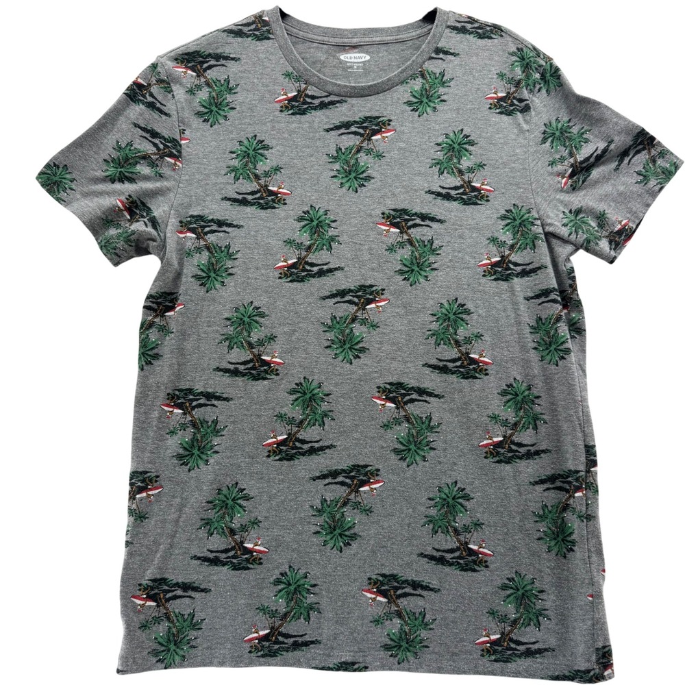 Old‎ Navy Men's M Gray Christmas T-Shirt Santa Surfing Palm Tree Graphic Holiday